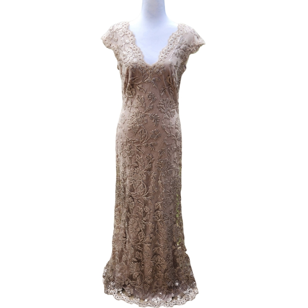 Tadashi Shoji Pale Gold Sequin Formal Maxi Party Dress Size 8